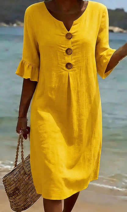 Vanesa | Vestido con textura de lino con manga abullonada y botones