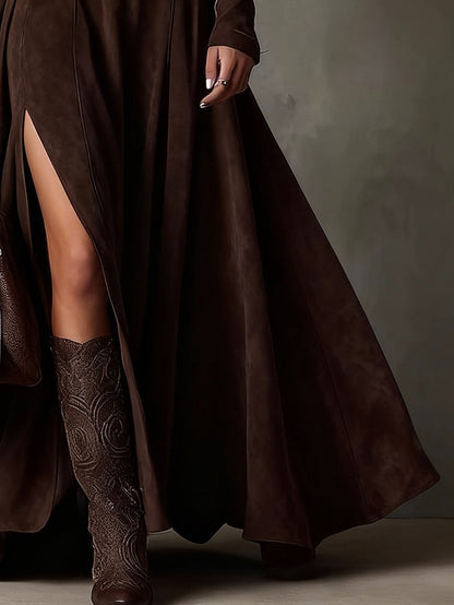 Vestido de Ante Sintético con Cuello Alto, Manga Larga y Abertura (Incluye cinturón)