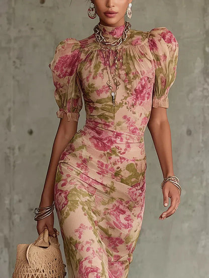 FIONA | VESTIDO LARGO CON ESTAMPADO VINTAGE DE ROSAS Y MANGAS ABULLONADAS
